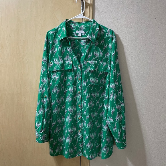 Charter Club Tops - Women 3X Festive Button Down Green Giraffe Blouse Dress Shirt Pockets